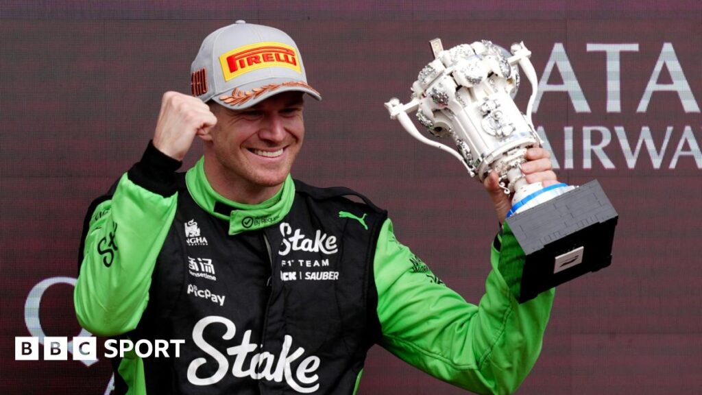 Nico Hulkenberg celebrates his maiden F1 podium at British Grand Prix at Silverstone