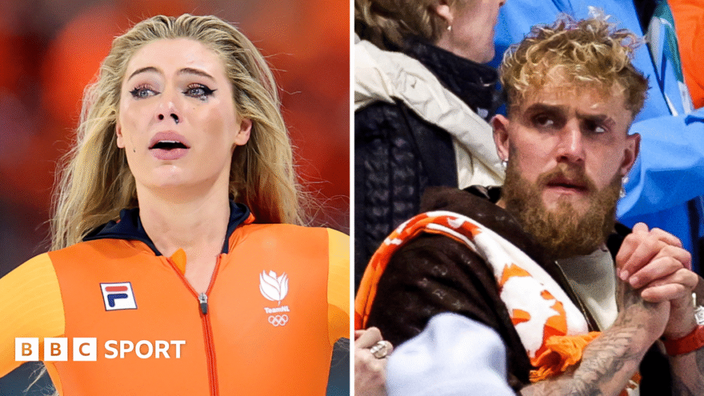 Jutta Leerdam: Speed skating star wins Olympic gold as fiance Jake Paul weeps