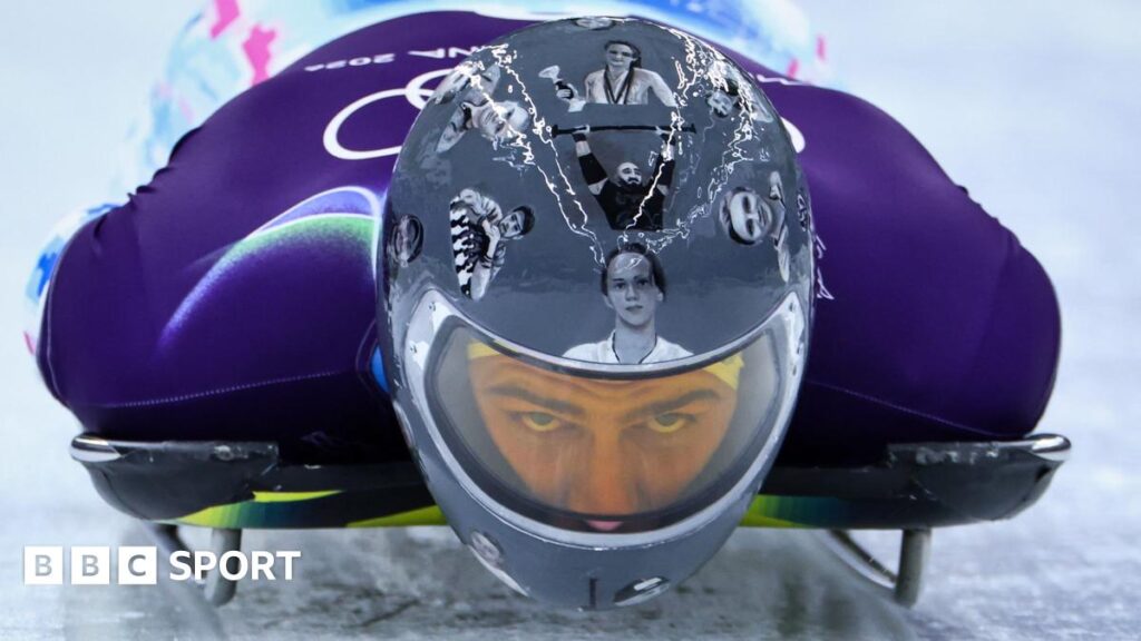 Ukraine skeleton racer wears helmet with images of people killed in war